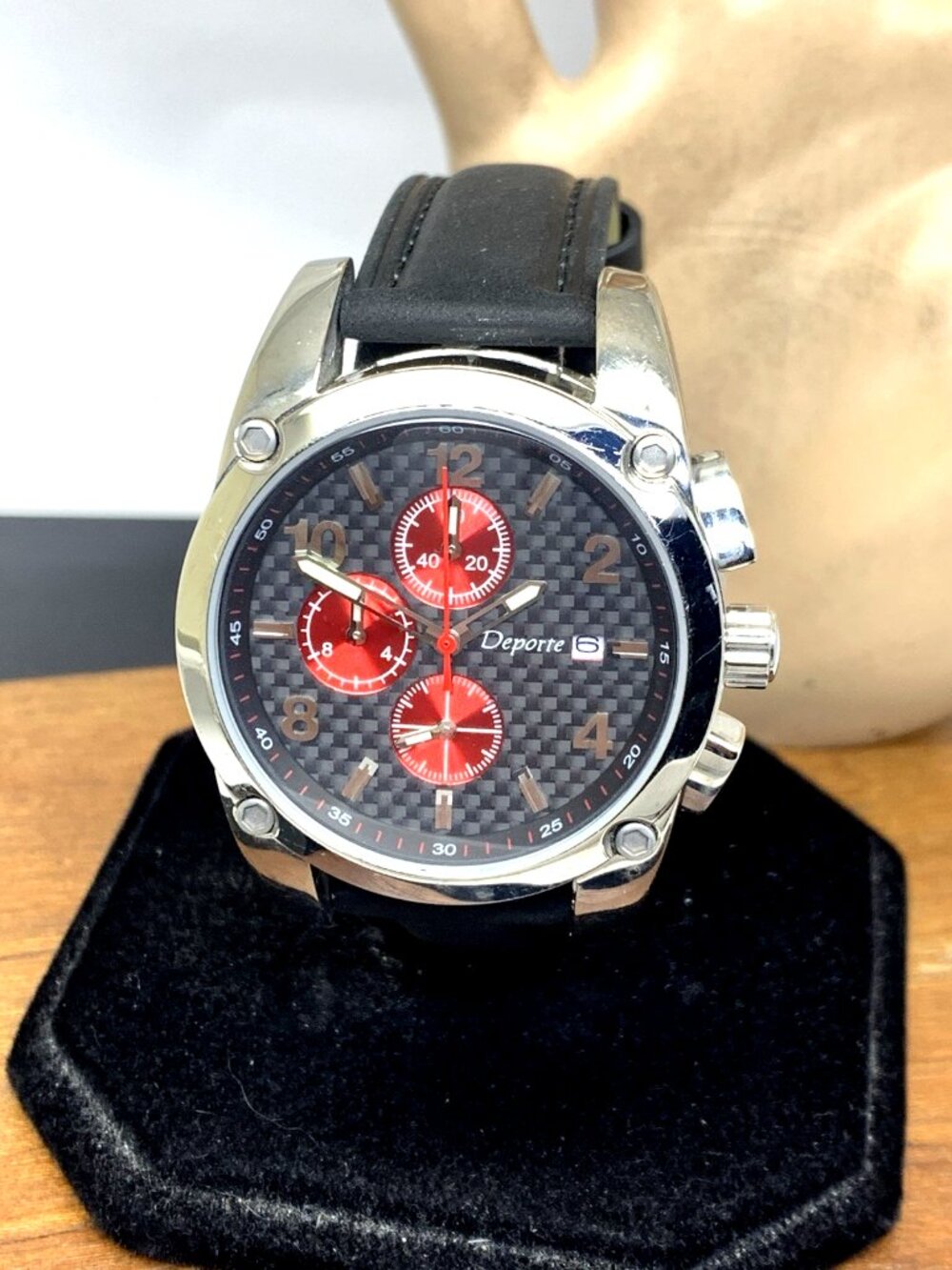 Deporte Men's Watch D751-066 Quartz Chronograph Black Red Dial Leather Band 41mm